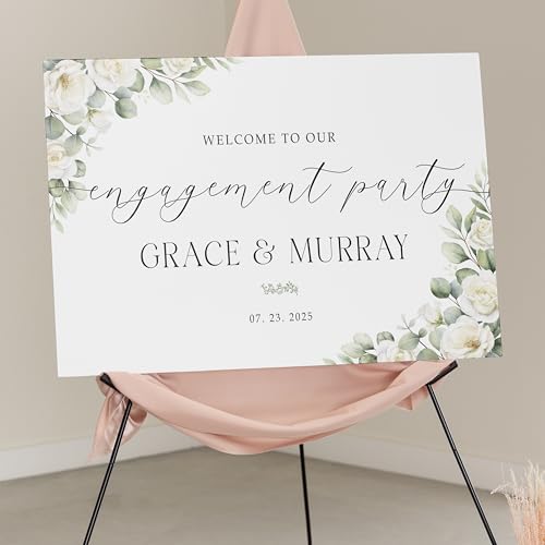 Custom Elegant White Floral Engagement Party Welcome Sign | Welcome to Our Engagement Party Yard Sign | Personalized Couple Names & Date | Waterproof PVC Décor - color: Design 20