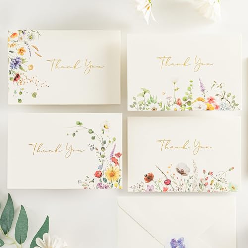 Crisky 4x6 Floral 4 Assorted Thank You Cards (25 Pack) with Envelopes | Elegant Watercolor Wildflower Pattern, Matching Stickers, Gold Foil Printing, for Birthday/Baby Bridal Shower/Graduation - size: 25 PCS