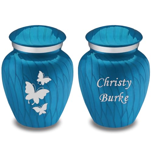 Keepsake Embrace Custom Engraved Butterflies Cremation Urn (Pearl Racing Blue) - color: Pearl Racing Blue