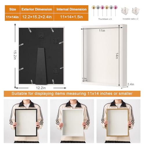11x14 Shadow Box Frame with Ultra-Clear Glass & Soft Linen Back - color: White+high Definition Panel + Shatter-proof Packaging, size: 11x14