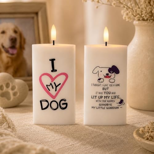 Rhytsing Flat LED Memorial Candles for Loss of Dog, 5 Inches Real Wax Sympathy Lights with Timer Function, Pet Memorial Gifts with Single-Sided Printed Design, Set of 2