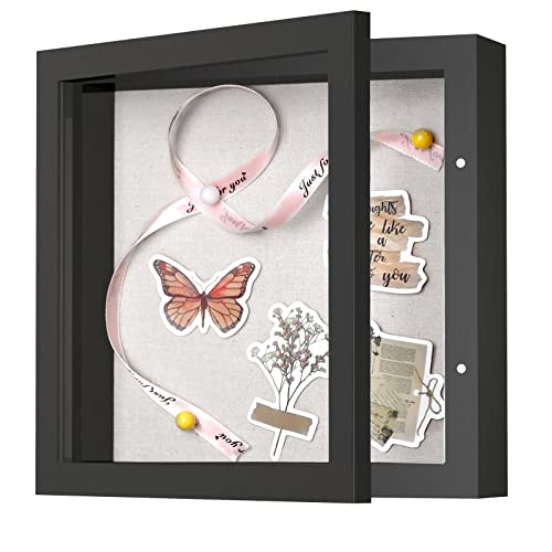 8x8 Shadow Box Frame with Linen Back - Sturdy Rustic Memory Display Case of Flower, Pictures, Medals and More, Black - color: Black, size: 8x8