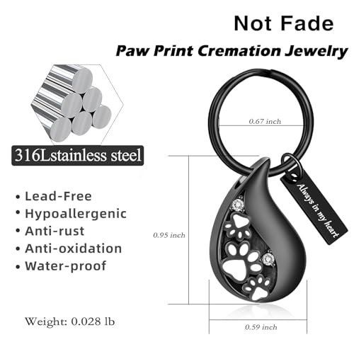 Hearbeingt Teardrop Urn Keychain for Ashes Tree of Life Cremation Jewelry - color: Paw Print-black