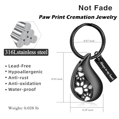 Hearbeingt Teardrop Urn Keychain for Ashes Tree of Life Cremation Jewelry - color: Paw Print-black