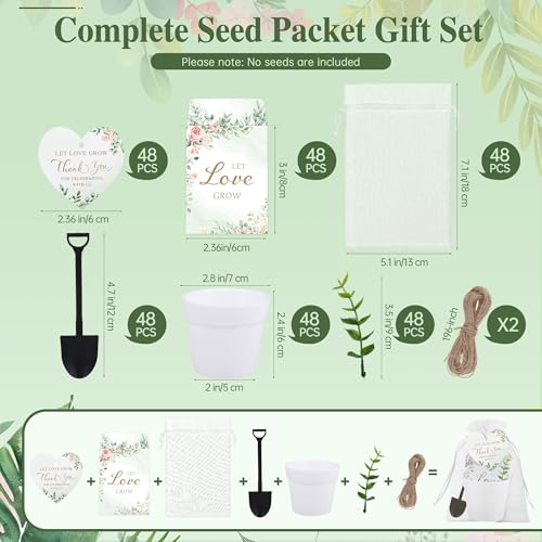 Aneco 48 Sets Let Love Grow Wedding Party Favors Seed Packet for Guests Include Self Adhesive Seed Envelopes Organza Bags Flowerpot Garden Shovel Eucalyptus Leaves for Bridal Guest Gifts(No Seeds) - style: Wedding