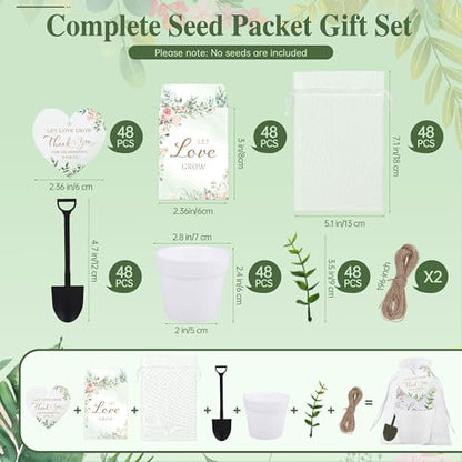 Aneco 48 Sets Let Love Grow Wedding Party Favors Seed Packet for Guests Include Self Adhesive Seed Envelopes Organza Bags Flowerpot Garden Shovel Eucalyptus Leaves for Bridal Guest Gifts(No Seeds) - style: Wedding