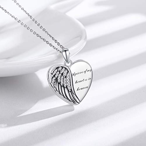 CHENGHONG Heart Pendant Locket Necklace 925 Sterling Silver Personalized Locket Necklace That Holds Pictures Photo Memorial Memory Jewelry Gifts for Women - style: Angel Wings