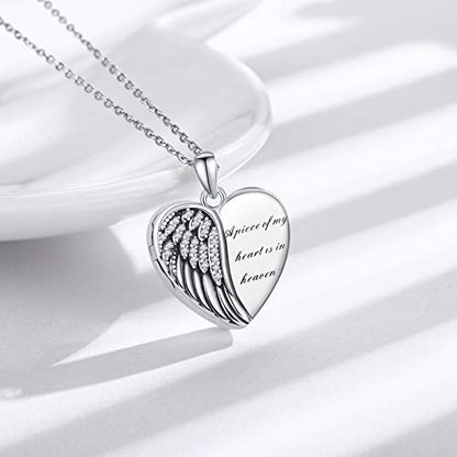 CHENGHONG Heart Pendant Locket Necklace 925 Sterling Silver Personalized Locket Necklace That Holds Pictures Photo Memorial Memory Jewelry Gifts for Women - style: Angel Wings