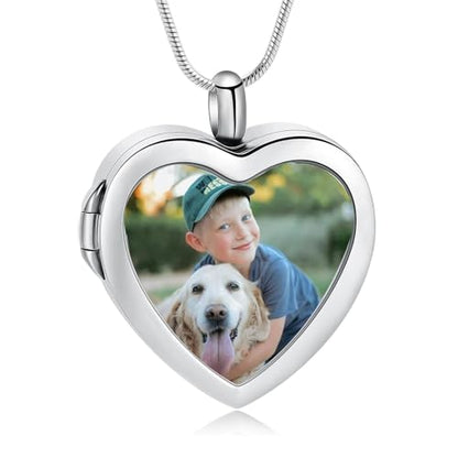 zeqingjw Glass Cremation Jewelry - Round Heart Memorial Urn Necklace for Ashes of Loved One - Stainless Steel Human Pet Dog Cat Keepsake Urn Pendant - color: A-Silver