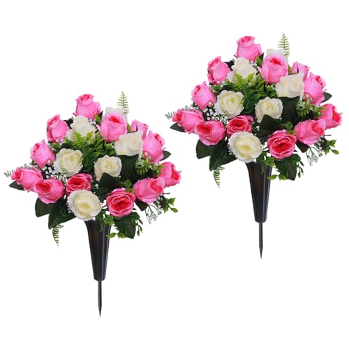 Lodou Set of 2 Artificial Cemetery Flowers, Memorial Flowers Bouquet,Grave Memorial Flowers with Vase for Cemetery Headstones Decoration (Pink White) - color: Pink White