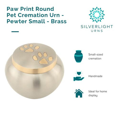 Paw Print Round Pet Cremation Urn for Ashes in Pewter Small, Brass, Small Sized, 3.5 Inches High - color: Pewter Silver, size: Small Pet Urn