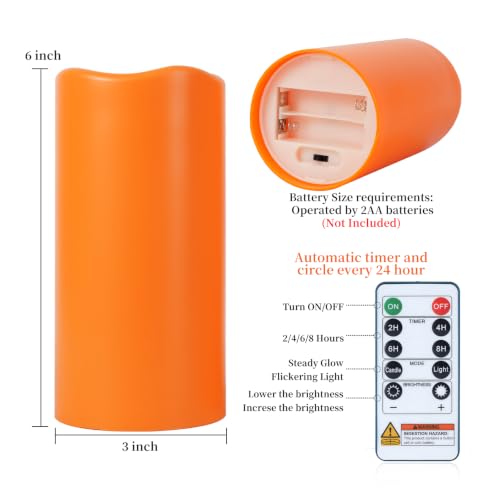 Amagic 3"x6" Flameless Candles, Waterproof LED Pillar Candles, Set of 2 - color: Orange, size: 2 Pack, D3"xH6"