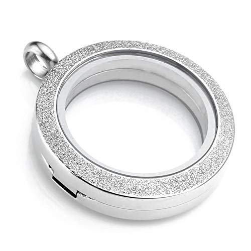 Zysta Silver Round Locket Pendant Necklace 30mm Glossy Stainless Steel Clear Glass Living Memory Floating Charms Stone Storage - color: Silver-Glitter Matte-25mm