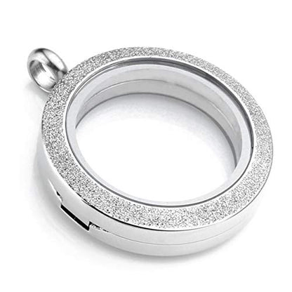 Zysta Silver Round Locket Pendant Necklace 30mm Glossy Stainless Steel Clear Glass Living Memory Floating Charms Stone Storage - color: Silver-Glitter Matte-25mm
