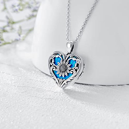 SOULMEET Personalized Silver Locket Necklace That Holds Pictures Photo Keep Someone Near to You, Memorial Custom Lockets Necklaces Letters Engraving for His Her - color: A6-Blue opal sunflower-Black, style: Locket Necklace Only