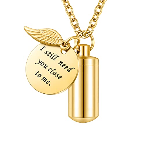 abooxiu Cylinder Urn Necklace for Ashes Cremation Jewelry/Keychain for human Pet Stainless Steel Memorial Keepsake Pendant with Angel Wing Charm Ashes - color: Gold-s
