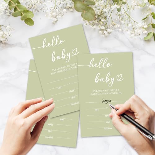 Hello Baby Baby Shower Invitations for Boys Girls, Green Minimalism Invite Cards for Baby Announcement, 25 Set of Fill-in Invites with Envelopes, Gender Reveal Party Supplies -B14 - color: Green-Oh Baby