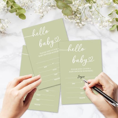 Hello Baby Baby Shower Invitations for Boys Girls, Green Minimalism Invite Cards for Baby Announcement, 25 Set of Fill-in Invites with Envelopes, Gender Reveal Party Supplies -B14 - color: Green-Oh Baby