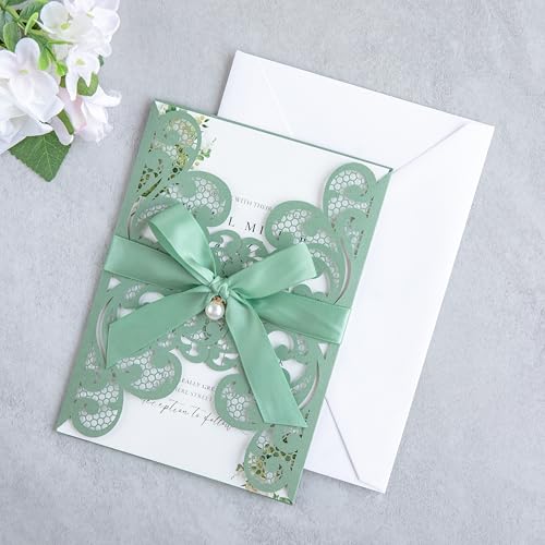 20Pcs Sage Green Laser Cut Wedding Invitation Cards With Envelopes - color: Sage Green