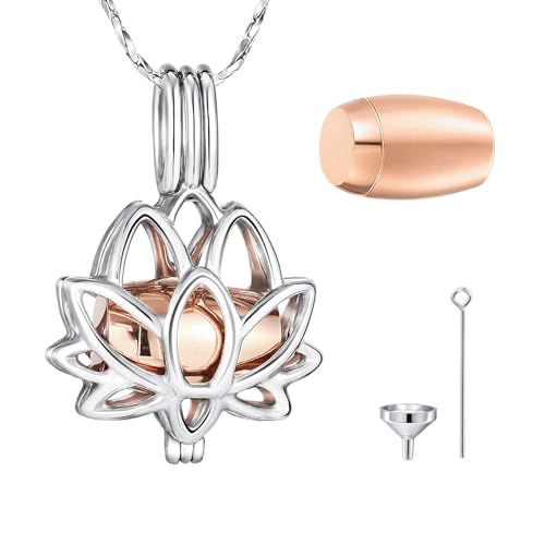MeMeDIY Stainless Steel Urn Necklaces for Ashes Cremation Jewelry for Ashes Mini Keepsake Urn Memorial Ash Jewelry Lotus Flower Shape Urn Necklace Engraved Text - color: A3: Silver + Rose Gold