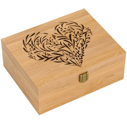 Memory Keepsake Wooden Box, Floral Heart Engraved Boxes with Lids | Memory Box for Keepsakes for Anniversary, Wedding, Memory, Birthday, Valentines Day, Wood Box for Office or Home - color: Beech Wood--Leaf & Love