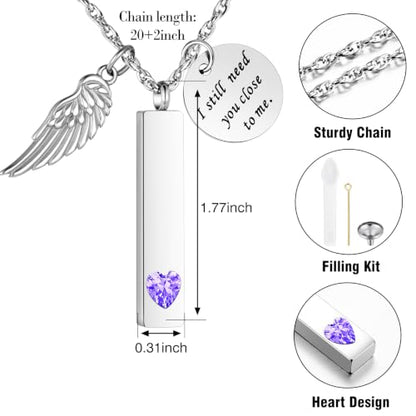 XIUDA Cremation Jewelry for Ashes with Angel Wing Charm Vertical Bar Urn Necklace Stainless Steel Memorial Keepsake Pendant for Women - color: Purple