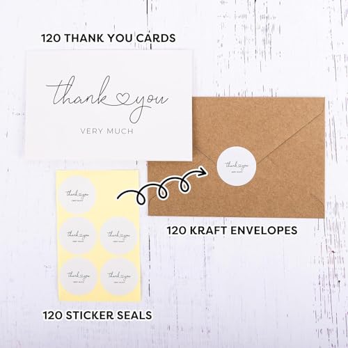 Durabasics 120 Thank You Cards with Envelopes to Express Gratitude – Wedding Thank You Cards with Envelopes & Stickers - For Any Occasion - Bridal Shower, Engagement, Graduation & More, 4" x 6" - color: Thank you Very Much 120PCS
