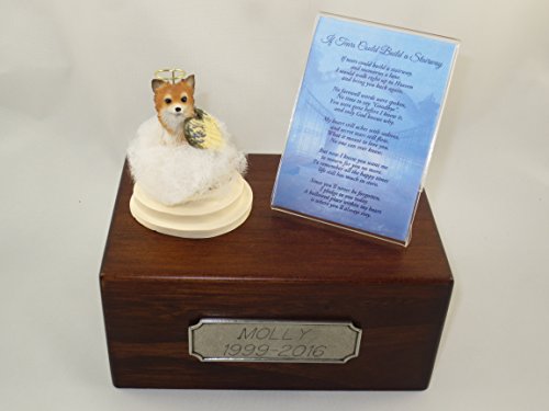 Beautiful Paulownia Small Wooden Urn with Tan & White Long Hair Chihuahua Stairway to Heaven Figurine with Poem & Personalized Pewter Engraving - color: Tan and White Longhair Chihuahua Angel "If Tears Could Build a Stairway"