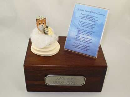 Beautiful Paulownia Small Wooden Urn with Tan & White Long Hair Chihuahua Stairway to Heaven Figurine with Poem & Personalized Pewter Engraving - color: Tan and White Longhair Chihuahua Angel "If Tears Could Build a Stairway"