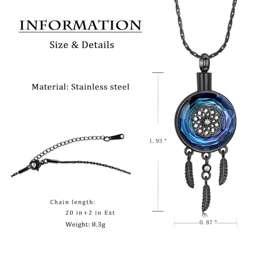 constantlife Circle of Life Dreamcatcher Cremation Jewelry for Ashes Stainless Steel Crystal Pendant Urn Necklace Keepsake Human Pet Memorial Gift for Women Men - color: Black-Blue