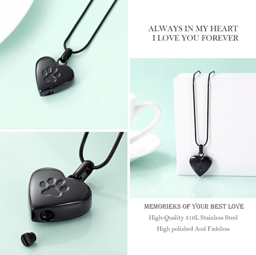 zeqingjw Pet Cremation Jewelry for Ashes Pendant Paw Print Pet Heart Urn Necklace Memorial Keepsake Jewelry for Pet/Dog's/Cat's Ashes - color: Heart-Black