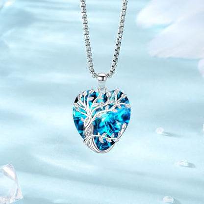 Eusense Tree of Life Necklace for Women Men Sterling Silver 925 Tree Urn Locket Cremation Jewelry Family Tree Pendant Gifts for Her Him Mom Dad Grandma Daughter - style: E-G-Tree of Life Necklace 12-Blue Topaz