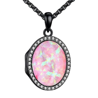 ONEFINITY Locket Necklace Photo Necklace Memorial Jewelry Gifts for Women Mom Wife - color: black-Pink Opal