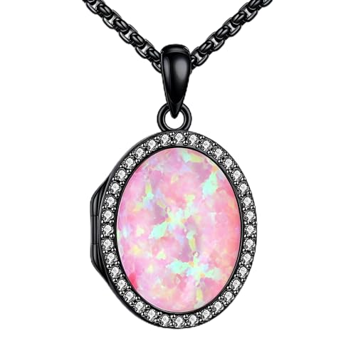 ONEFINITY Locket Necklace Photo Necklace Memorial Jewelry Gifts for Women Mom Wife - color: black-Pink Opal
