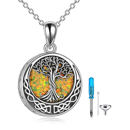 Tree of Life Urn Necklaces for Ashes Sterling Silver Abalone Shell/Opal Tree of Life Cremation Jewelry for Ashes Memory Jewelry for Women Men - style: Yellow opal