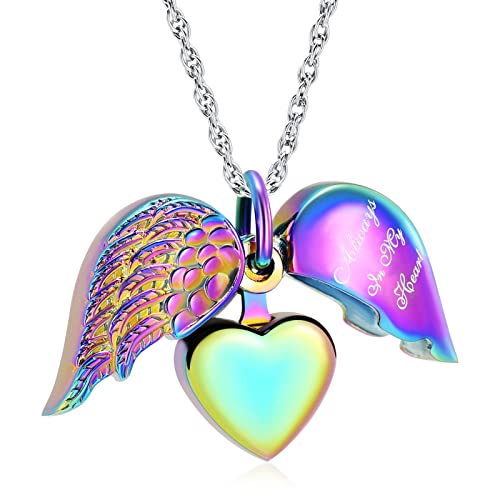 shajwo Cremation Jewelry Angel Wing Heart Urn Necklaces for Ashes Memorial Keepsake Pendant for Women Men - style: 1-Rainbow