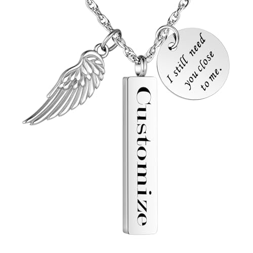 XIUDA Cremation Jewelry for Ashes with Angel Wing Charm Vertical Bar Urn Necklace Stainless Steel Memorial Keepsake Pendant for Women - color: Silver, engraved
