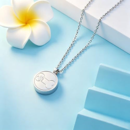 Round Pet Urn Pendant Necklace, Dog Paw Print and Bone Engraved Cremation Jewelry for Ashes, Stainless Steel Dog Keepsake Jewelry Urn Necklaces for Ashes for Women Men - color: Silver