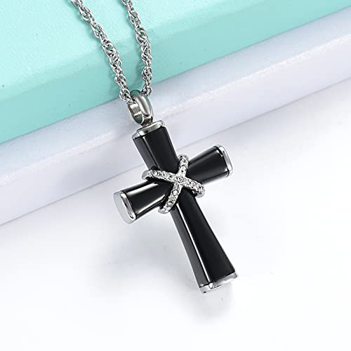 shajwo Cremation Jewelry Cross Urn Necklaces for Ashes for Women Men Urn Pendant Memorial Keepsake Ash Holder - color: 5-Black-Crystals