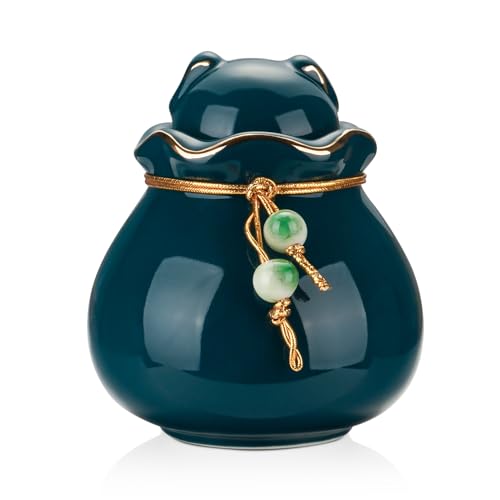 SOITIS Pet Memorial Urn for Cat Dog Ashes - 3.54"x3.15" Small Ceramic Keepsake Holder with Touchable Lid & Gold Trim, Sharing Green Urn for Pet Ashes Pet Urns for Cats Dogs - color: Green