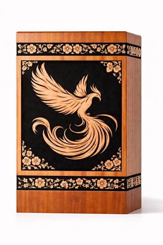 Urn with Phoenix & Floral Engraving – Premium Memorial Urn for Human Ashes – Decorative Funeral Urn Box [Available urn Box in 5 Different Sizes] ((Full Size 14X7.5 600 Cubic INCHES))