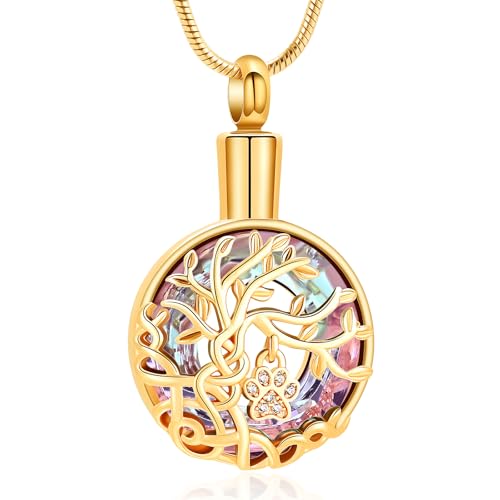 zeqingjw Pet Cremation Jewelry Tree of Life Urn Necklace for Ashes for Dog/Cat Funeral Ashes Keepsake Paw Print Urn Pendant Memorial Jewellery - color: Gold-Purple