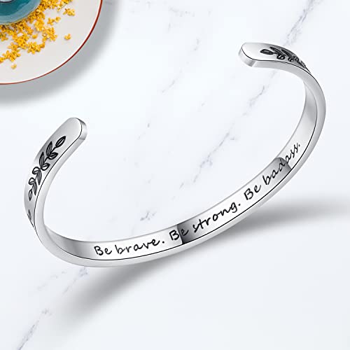 TONY & SANDY Inspirational Bracelets for Women Teen Girls Personalized Gifts for Daughter Granddaughter Mom Sister Friends Stainless Steel Engraved Cuff Birthday Easter Christmas - style: A - Be brave be strong be badass- Leaf