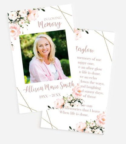 Funeral Memorial Prayer Cards, Pink Floral Blush, Double-Sided, Photo Personalized with Prayer, Poem, Memory Card, Celebration of Life Bereavement Poems, Comfort, Remembrance, Sympathy, Funeral Favors