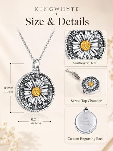 KINGWHYTE Urn Necklace for Ashes S925 Sterling Silver Cremation Jewelry for Ashes of Loved Ones Keepsake Memorial Pendant for Women - style: Sunflower(Personalized)