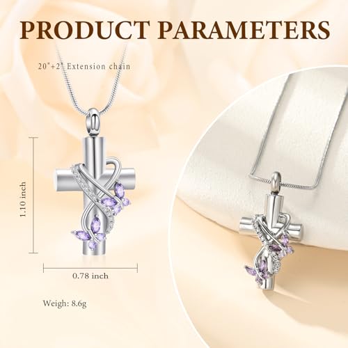 Cross Cremation Jewelry Butterfly Urn Necklace for Human Ashes for Women Men Memorial Ashes Keepsake Birthstone Pendant - color: Silver-Purple
