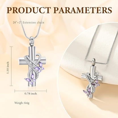 Cross Cremation Jewelry Butterfly Urn Necklace for Human Ashes for Women Men Memorial Ashes Keepsake Birthstone Pendant - color: Silver-Purple