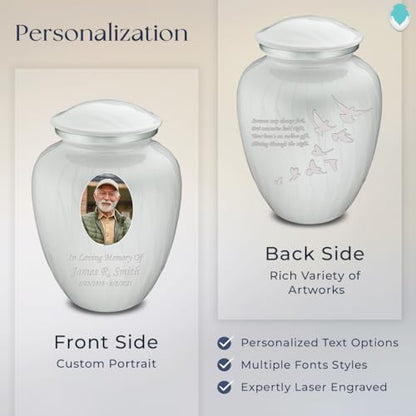 Geturns Embrace Adult Personalized Doves Cremation Urns for Human Ashes I Large Picture Pearl White Funeral Urn for Adult Men and Women with Double Side Engraving I 200 lbs - color: _Pearl White (Double Sided)