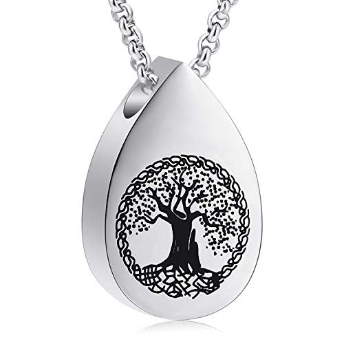 Hearbeingt Teardrop Urn Necklaces for Ashes Tree of Life Memorial Locket - color: Silver