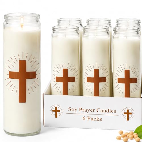 Soy Wax Prayer Candles, 6 Packs, 9 Day Memorial Candles with 120 Hours Long Burn Time, Unscented Devotional Candles for Vigils, Blessings, Spiritual, Ceremonies, Emergency - color: 6 packs